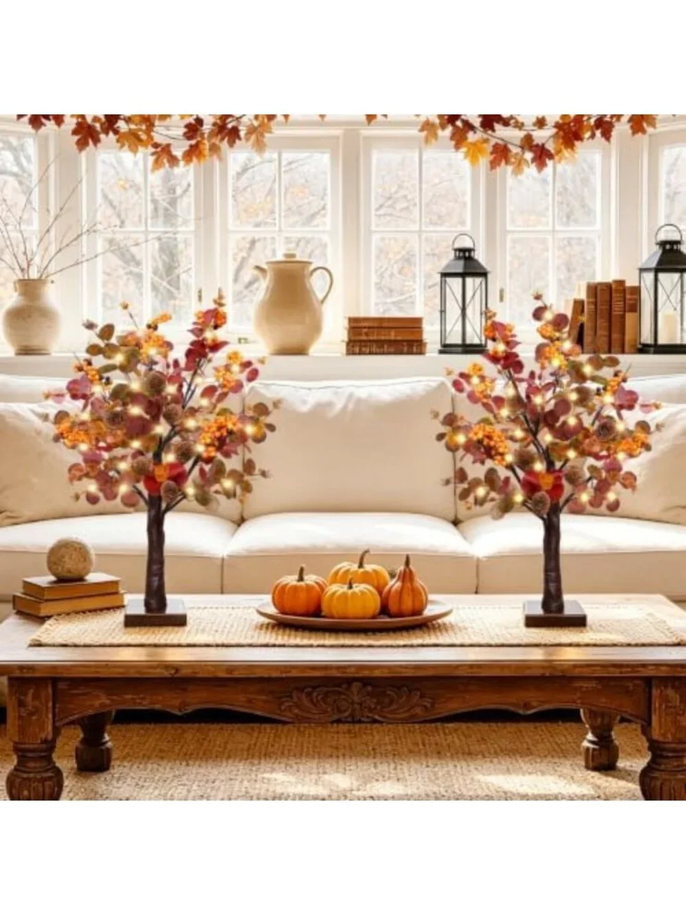 Prelit Fall Trees 18 Inch Tabletop Decor - 2 Pack with 48 LED Timer Lights